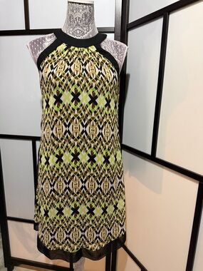 jonathan martin Lime, Black & Cream Geometric Halter Shift Dress